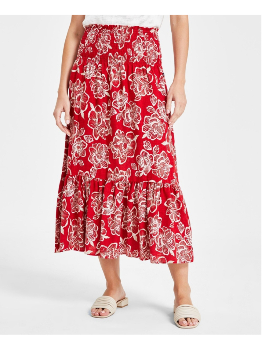 Nautica Jeans Size XL Red Floral Tiered Smocked-Waist Maxi Skirt NWT